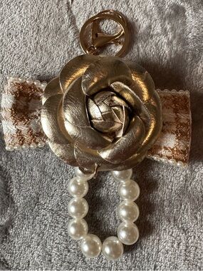 Gold Faux Leather Camillia  flower &  tweed bow w/ Pearl Beads Key/Bag Charm EUC